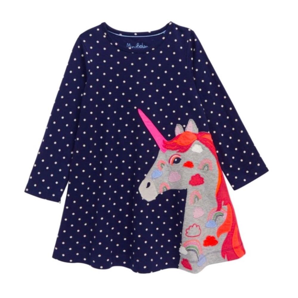 Mini Boden Unicorn Polka Dot Long Sleeve Dress 8/9